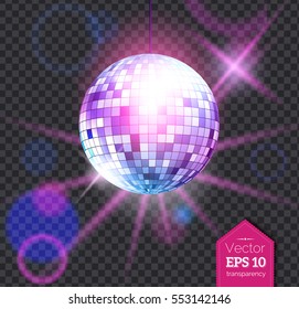 Vector illustration of violet disco ball with light rays isolated on transparent background.