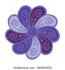 Ilustración vectorial de la flor violeta aislada. Flor divertida al estilo de las caricaturas para imprimir artículos de verano y recuerdos. Elemento de diseño botánico en líneas y color.