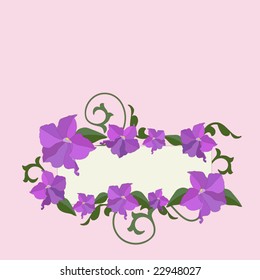 Vector illustration. Violet flowers and ornate frame background.