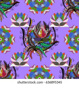 Vector illustration of violet flowers. Seamless pattern with flowers on motley background.