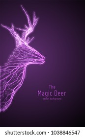 Vector illustration of violet geometric deer head constructed with branching lines. Abstract vector of deer in the form of a mystic silhouette with points and lines. Wireframe concept of deer.