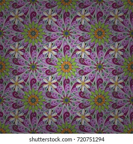 Vector illustration of violet, gray and green flowers. Seamless pattern with flowers on motley background.