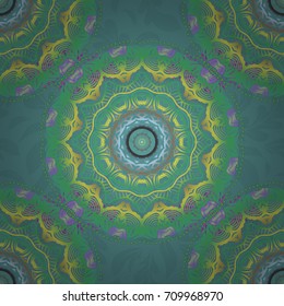 Vector illustration. In violet and green colors. Ikat damask seamless pattern background tile.