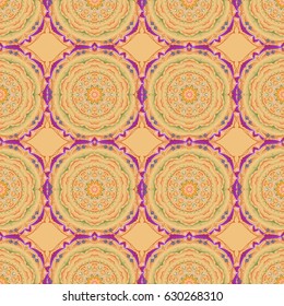 Vector illustration. Violet and green damask paisley wallpaper. Seamless background, grunge style.