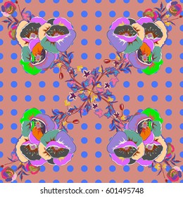 Vector illustration of violet, green and pink flowers. Seamless pattern with flowers on motley background.