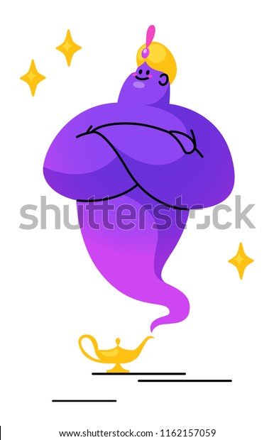 Imagen Vectorial Del Genio Violeta Feliz De Una Lampara Vieja Aislada En Blanco