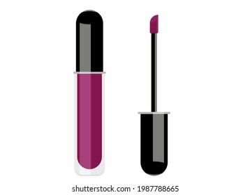 Vector illustration of violet lip gloss and a brush next to it for application. Isolated on white background