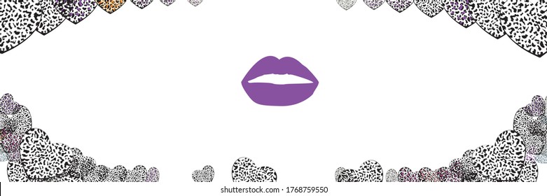 vector illustration of violet lips on white background surrounded by hearts in panoramic format