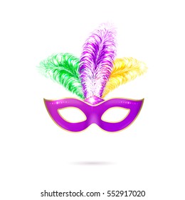 Vector illustration of violet luxury ornate Venetian carnival mask with colorful yellow, green, purple feathers for Mardi Gras holiday