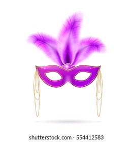 Vector illustration of violet luxury ornate Venetian carnival mask with colorful purple feathers and beads for Mardi Gras holiday