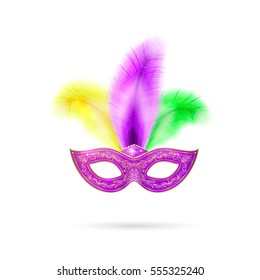 Vector illustration of violet luxury ornate Venetian carnival mask with colorful yellow, green, purple feathers and gold lace for Mardi Gras holiday