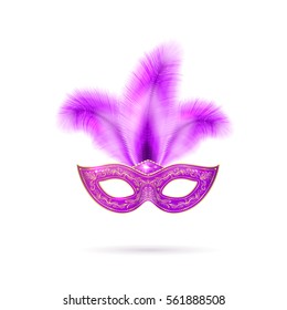 Vector illustration of violet luxury ornate Venetian carnival mask with colorful purple feathers and gold lace for Mardi Gras holiday