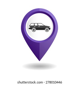 Vector illustration. Violet map pointer with a car icon. GPS location symbol. Flat design style. Map pointer for a auto show, parking, rent a car.