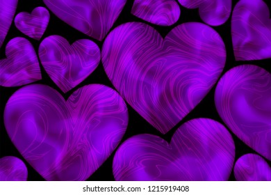 Vector illustration of violet mesh hearts with imitation of silk drapery with line decor on the black background.
