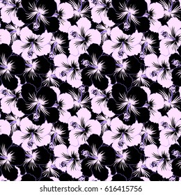 Vector illustration. Violet, neutral and black hibiscus flowers.