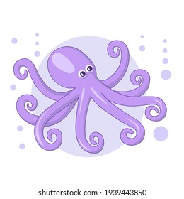 Ilustración vectorial de un pulpo violeta. Caricatura marina morada con ojos, diseño infantil impreso