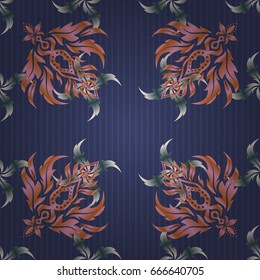 Vector illustration. In violet, pink and orange colors. Ikat damask seamless pattern background tile.