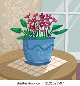 Vector illustration of a violet in a pot on a table near the window.