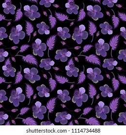 Vector illustration. Violet, purple and black hibiscus flowers seamless pattern.