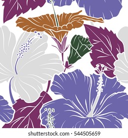 Vector illustration in violet, purple and green colors on a white background. Tropical flower, hibiscus pattern.