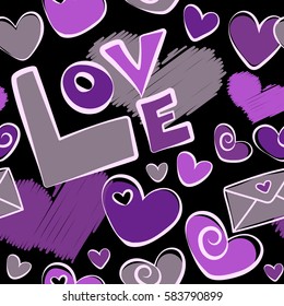 Vector illustration. Violet and purple heart, letter and love text seamless pattern painted by hands on a black background.