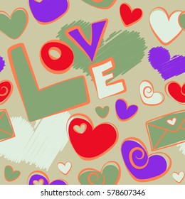 Vector illustration. Violet and red heart, letter and love text seamless pattern.