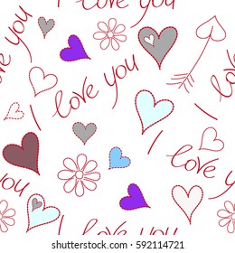 Vector illustration. Violet and red hearts and I love you text seamless pattern with abstract flower on a white background.