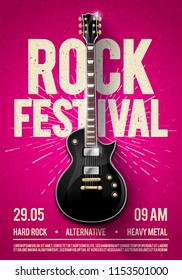 vector illustration violet rock festival concert party flyer or posterdesign template with guitar, place for text and cool effects in the background