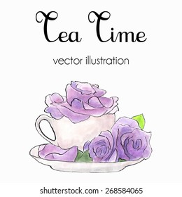 Vector  illustration of violet roses in a cup made in watercolor and ink in shabby chic style. Tea time card