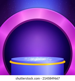 Vector illustration violet shine spotlights background with round banner, sparkle stage blue podium for design