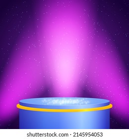 Vector illustration violet shine spotlights background with sparkle stage blue podium for design