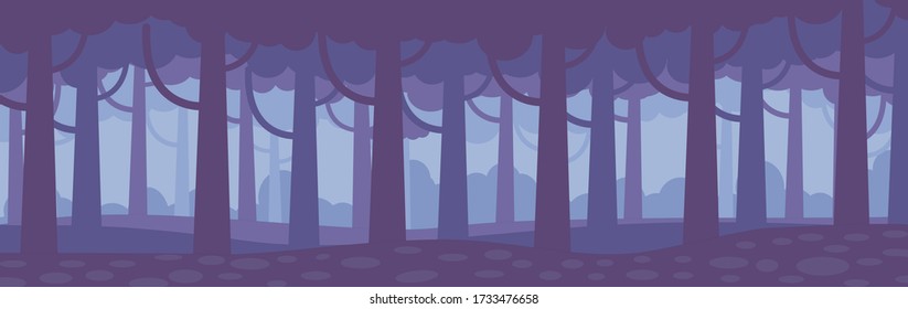 Vector illustration of violet silhouette inside misty forest panoramic views, flat design.