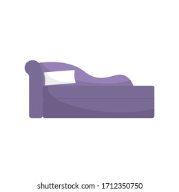 Imagen vectorial de un sofá violeta con almohadas blancas. Dibujado en estilo plano de caricatura. Aislado sobre un fondo blanco. Para crear un diseño, conceptos de diseño interior