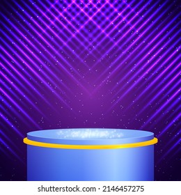 Vector illustration violet sparkle background with shining lines, sparkle stage blue podium for design