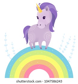 Vector illustration with violet unicorn and rainbow. Vector design isolated on white background. Print for t-shirt or sticker. Cute hand drawing illustration for children.