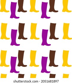 Vector illustration of violet yellow brown rubber boots on white background for wallpaper cover print