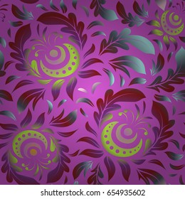 Vector illustration. Violet and yellow damask paisley wallpaper. Seamless background, grunge style.