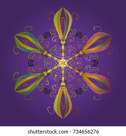 Vector illustration with violet, yellow and green isolated snowflake. Isolated watercolor snowflakes on violet, yellow and green colors. Beautiful decoration. Symbol of winter.