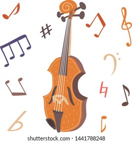 Vector illustration of a violin or alto. Set of musical symbols. Warm colors