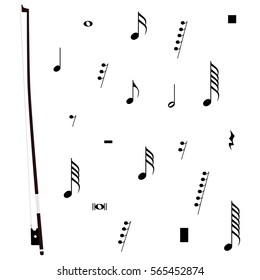 Vector illustration violin bow, musical notes and pauses.  Black music symbols isolated on white. Music notation sign set. Musical key collection. 