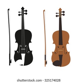 Vector illustration - vector violin with fiddle stick. Violin with bow silhouette on transparent background.