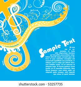 Vector illustration of  a violin key modern trendy floral design with funky swirls and curls and peaceful blue and orange colors. With sample text for custom placement.