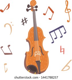 Vector illustration of a violin. Set of musical symbols. Warm colors