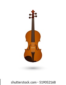 Vector illustration of violin with shadow on white background. Element for design. White, brown, black, grey colors. Vector image for musical theme.