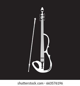 Vector illustration of violin white template on black background. Electric violin with bow in flat style.