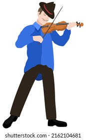 Vector illustration of violinist in fedora hat, blue shirt and dark trousers with violin. Isolated on white background.