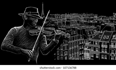 Vector illustration of a violinist on a background of roofs in Paris