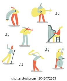 Vector illustration with violinist, saxophonist, accordionist, vocalist, harper, guitarist. Cartoon character. 