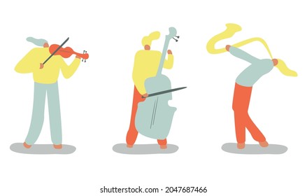 Vector illustration with violinist, saxophonist. Cartoon character. 