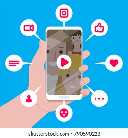 Vector illustration of the Viral Content. Likes, shares and comments popping up on the mobile screen. Video content for millennials.